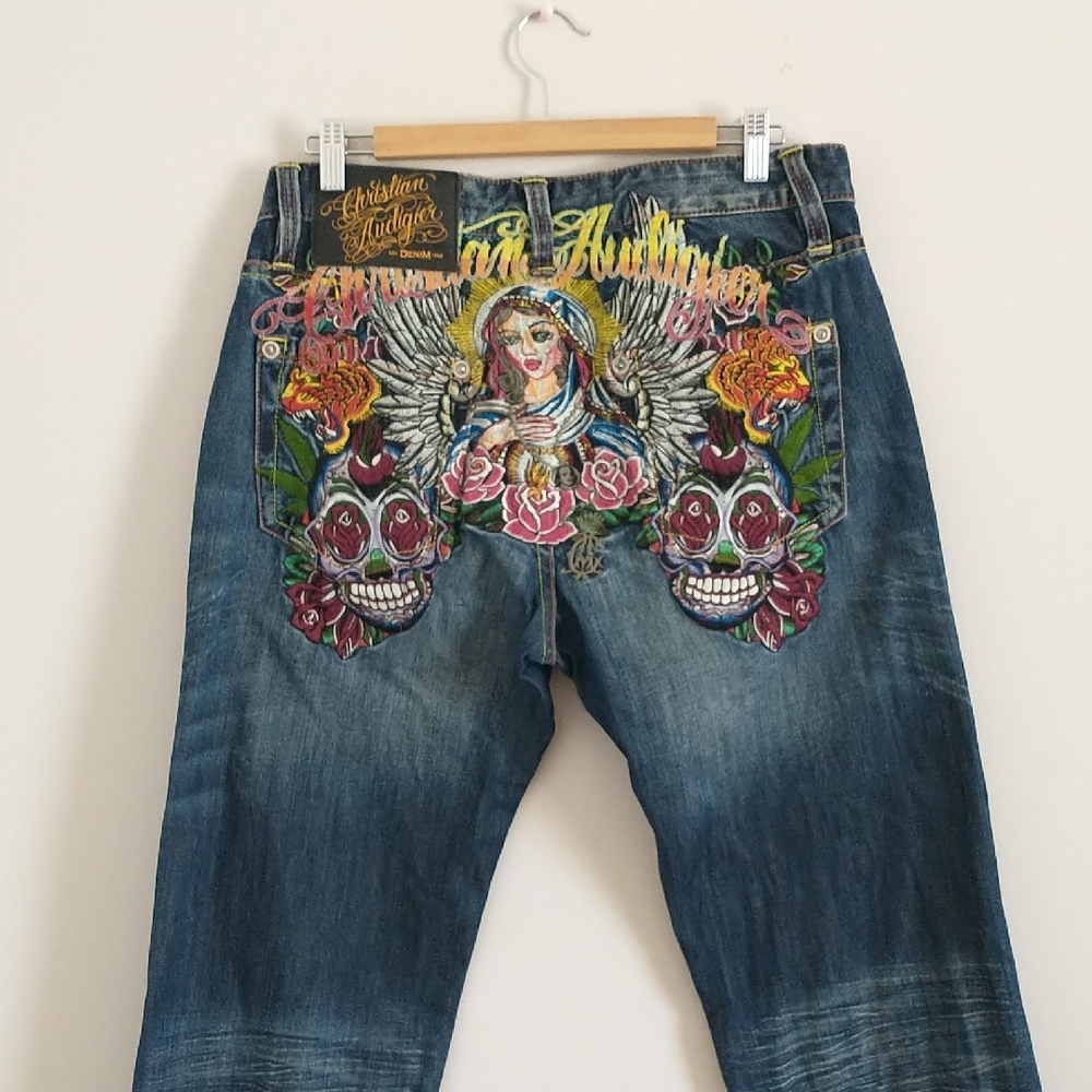 Christian Audigier Denim with Colorful Skull and Rose Embroidery. Size W32 L34